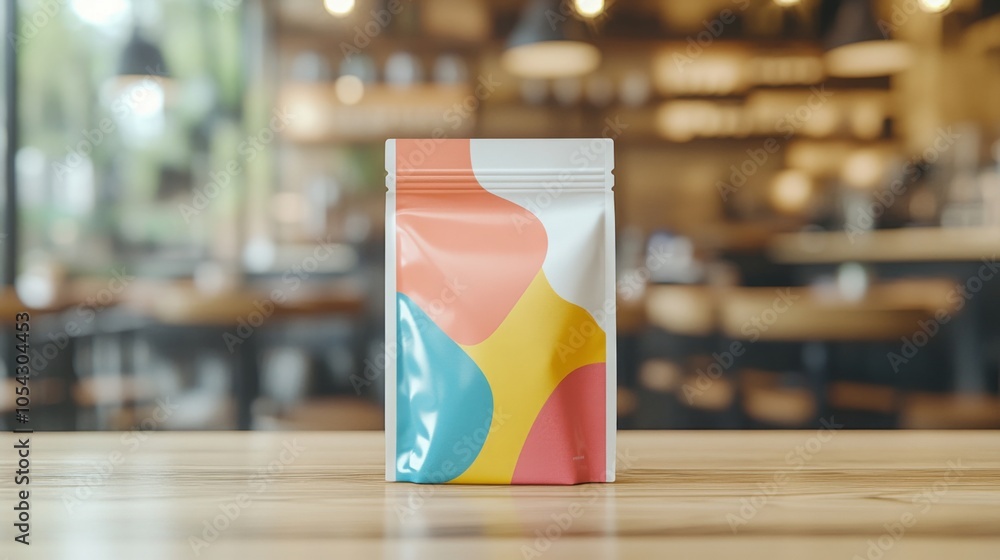 Poster A stylish package with vibrant colors is placed on a wooden table inside a modern cafe. Natural light filters through large windows, enhancing the inviting atmosphere of the bustling space.