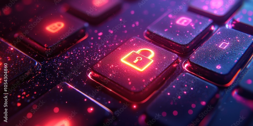 Poster a glowing padlock icon on a dark keyboard with red and purple lighting
