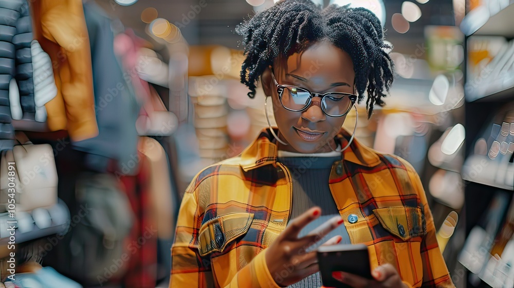 Poster a customer seamlessly transitioning between shopping online and in-store, using their smartphone to 
