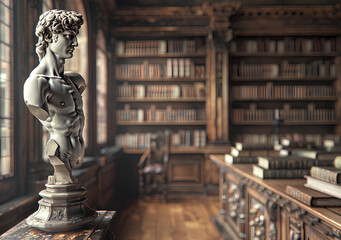 Fototapeta premium old library with wooden bookshelves filled with books, antique statues, and reading lamps hanging from the ceiling, creating an atmosphere reminiscent of Victorian-era intellectual settings.