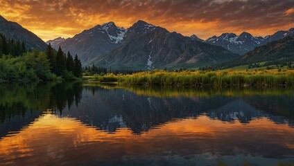 Sunset over mountains reflecting on a lake, creating a scenic view.