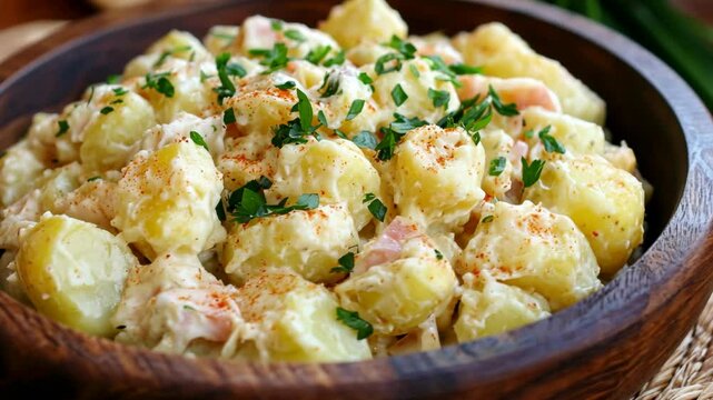 A bowl of creamy potato salad with parsley and spices