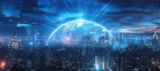 Obraz premium Futuristic Missile Defense Shield Dome Over Cityscape at Night for Sci-Fi Concepts