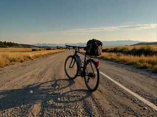 Fototapeta premium Touring bicycle on a scenic gravel road, loaded for travel.