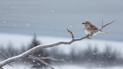 Small Bird Perched on Snowy Branch During Winter Snowfall