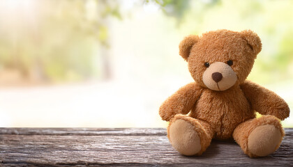 Obraz premium Cute teddy bear sitting on a wooden table with a peaceful nature scene in the background. Perfect representation of childhood innocence and warmth.