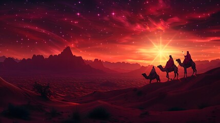 Naklejka premium Silhouette of three kings on camels journeying through the desert toward Bethlehem, star shining above, baby Jesus in the distance
