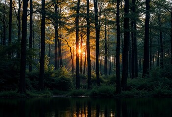 Obraz premium Golden Sunrise: Sunlight Streaming Through Tranquil Forest Trees