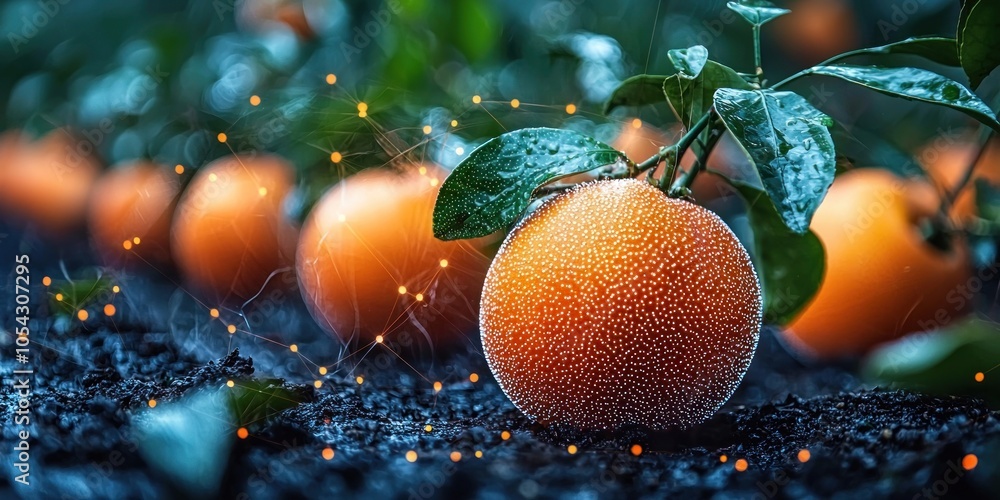 Poster a close-up of a dew-covered orange hanging from a branch in a citrus grove