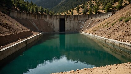 Water reservoir at peak levels, storing supplies.