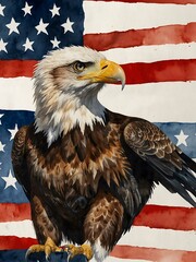 Naklejka premium Watercolor painting of a Bald Eagle with the American flag.