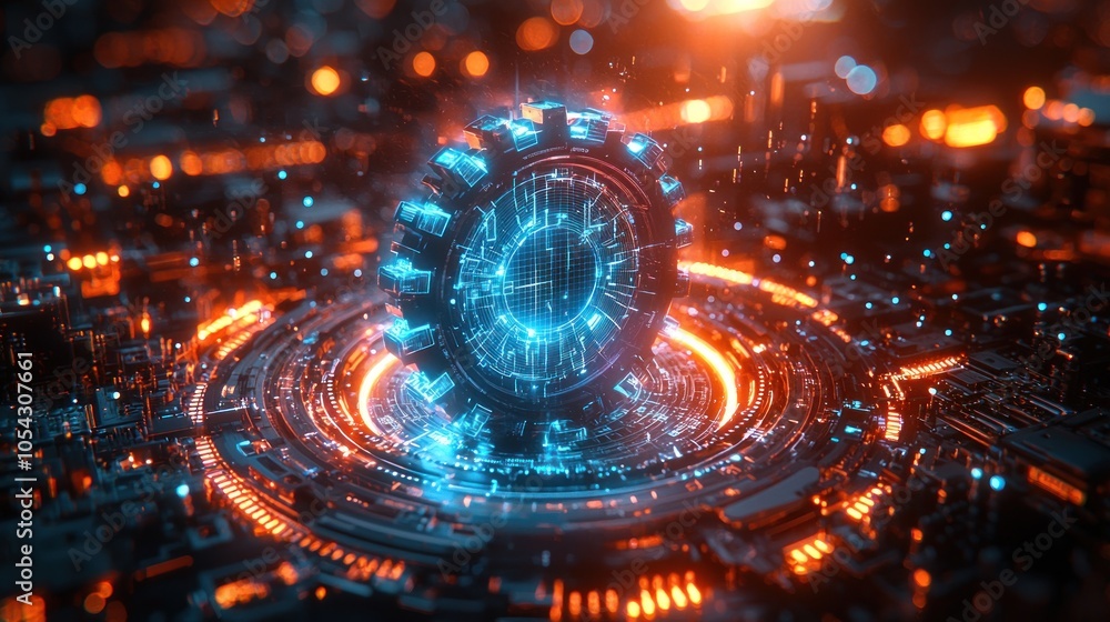 Poster futuristic gear with glowing circuitry and abstract lights
