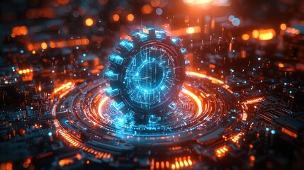 Obraz premium Futuristic Gear with Glowing Circuitry and Abstract Lights