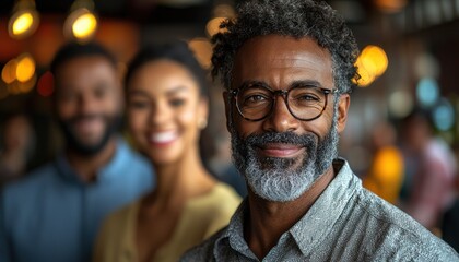 Fototapeta premium Portrait of a smiling man with glasses and grey beard, with blurred people behind him.