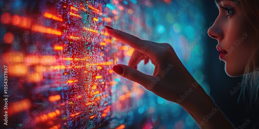 Poster Woman Interacting with a Digital Interface of Data and Code