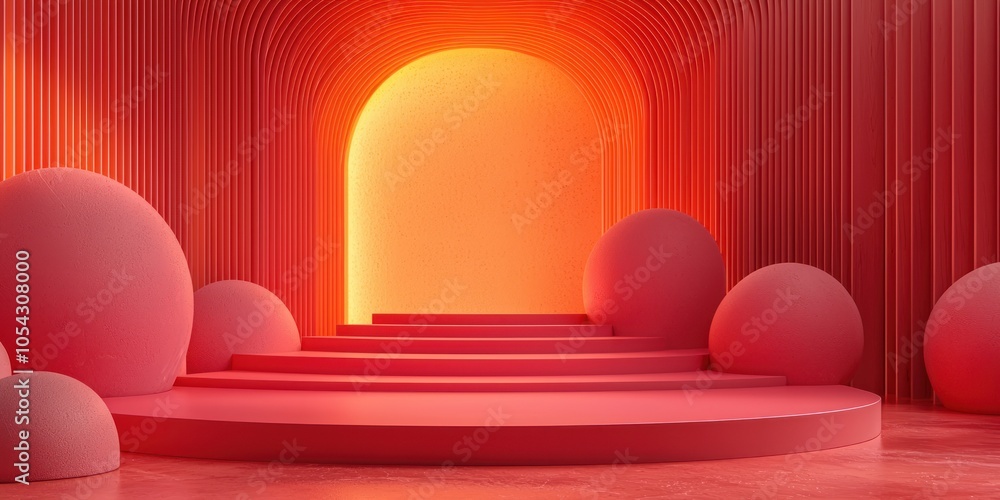 Poster abstract red and orange architectural interior with steps and spheres