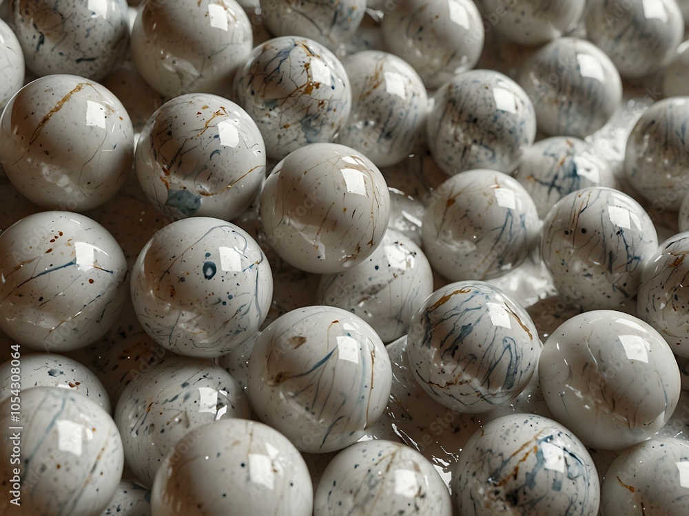 Poster white spheres creating an abstract diagonal line on marble.