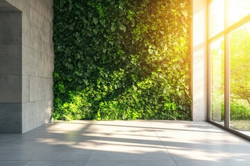 Obraz premium Sustainable concept: green office space, bright sunlight flooding a lush wall in a modern entryway