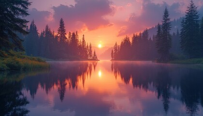 A Serene Lake Reflecting a Sunset Sky Amidst a Forest of Pines