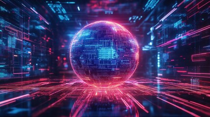 Obraz premium Digital Sphere in a Neon Cyber World