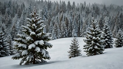 Fototapeta premium Winter scene with snow-covered pine trees.