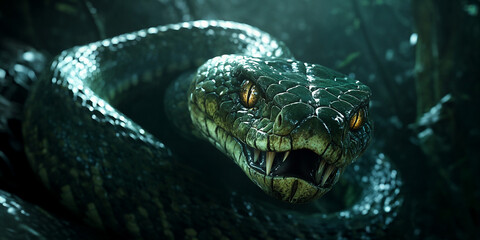 Fototapeta premium Big green snake in the jungle. 2025 chinese new year