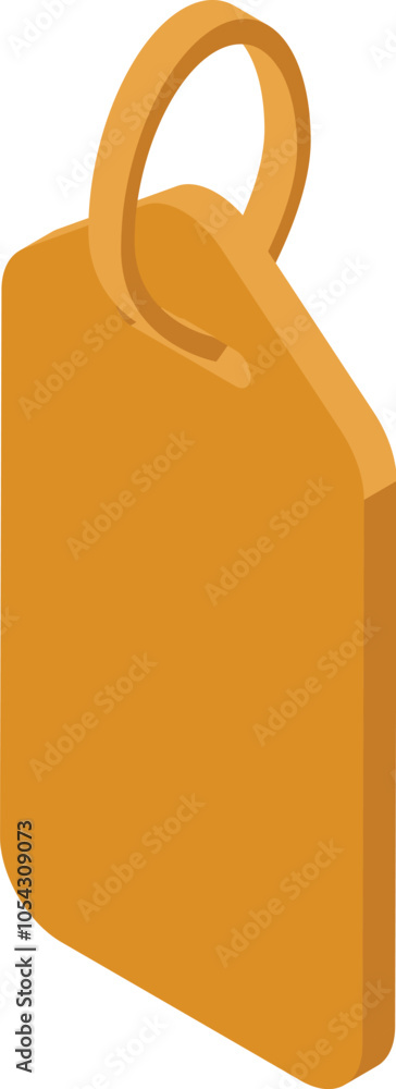 Poster blank orange price tag hanging with string loop in isometric view, isolated on white background