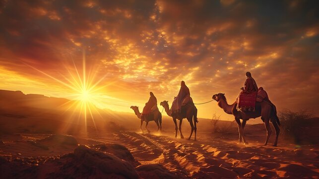 The three magi on camels entering Bethlehem, star of Bethlehem glowing in the sky, baby Jesus in a manger bathed in light
