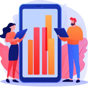 Two individuals analyzing data displayed on a smartphone screen.