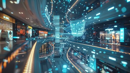 Holographic shopping cart floating in futuristic mall, showcasing augmented reality and data streams enhancing retail experience