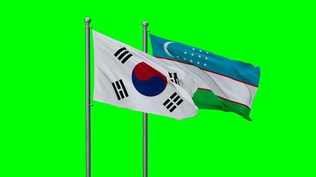 Republic of Uzbekistan and South Korea flags flying together, video concept of the relationship with colored chroma key for easy background remove, two country cooperation concept
