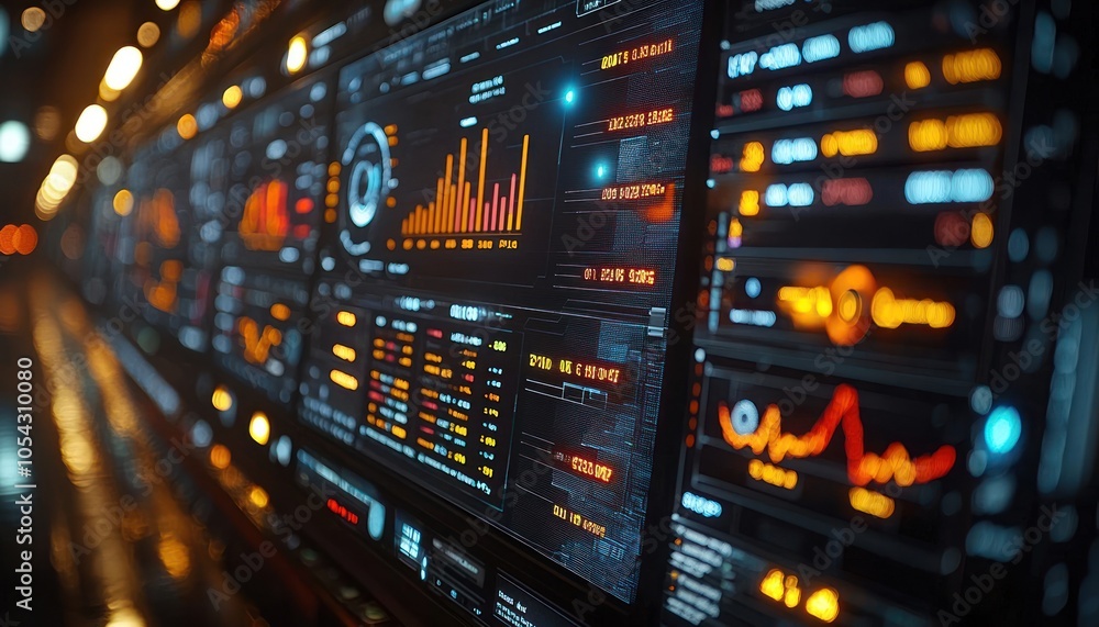 Poster futuristic data visualization with bright lights and digital displays