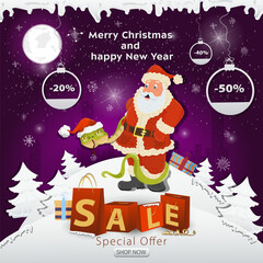 Fototapeta premium A Christmas sale banner with an inscription in the form of packages in a snowy clearing A snake in a Santa hat wraps around Santa Claus
