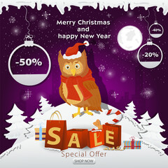 Fototapeta premium A Christmas sale banner with an inscription in the form of packages in a snowy clearing an owl in a Santa Claus hat