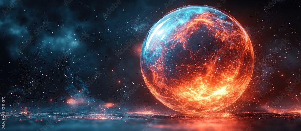 Poster a flaming orb surrounded by sparkles and a smoky background