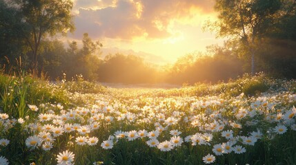 Fototapeta premium Breathtaking Golden Hour Over a Vibrant Meadow Filled with Wildflowers, Ideal for Nature and Landscape Enthusiasts