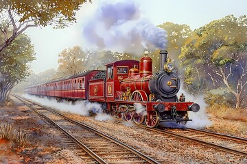 Obraz premium Vintage Steam Engine in Foggy Forest