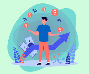 Fototapeta premium Young man earning money passively vector illustration. Cartoon drawing of man with financial freedom and growth, success and investment. Passive income, finances, investment concept