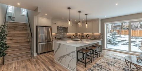 Modern Kitchen with Marble Island, Stainless Steel Appliances, and Wooden Stairs