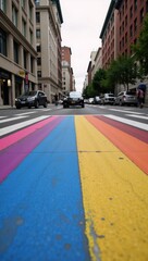Colorful Gay Pride flag on crosswalk low-angle urban street art