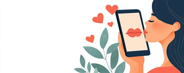 A woman kissing a smartphone displaying lips, surrounded by leaves and hearts, symbolizing love and connection in the digital age.