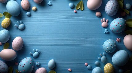 Obraz premium Charming Light Blue Wooden Background Featuring Adorable Bunny Paw Prints Perfect for Easter Themes and Spring Celebrations