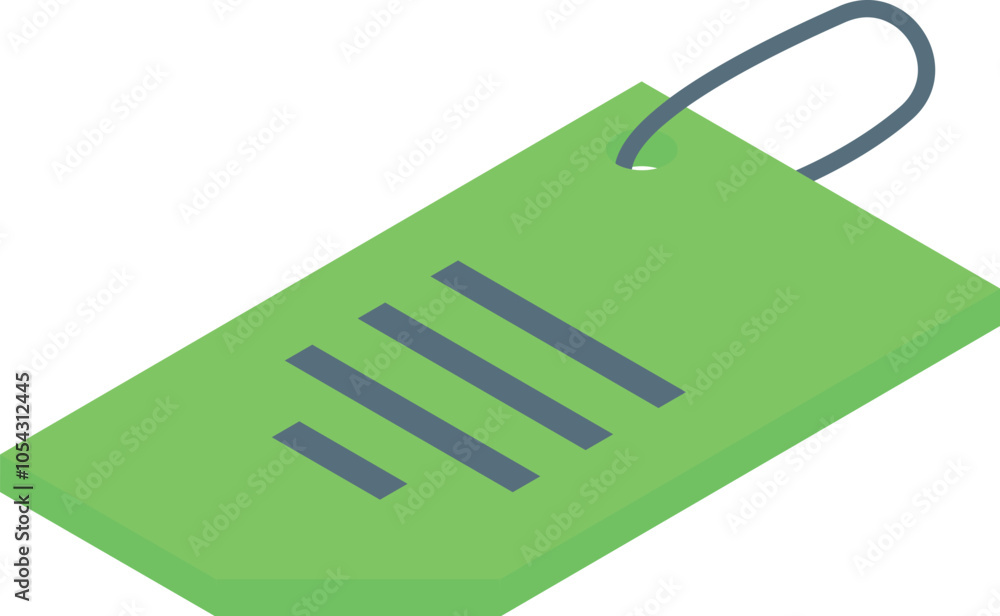 Poster green rectangular price tag with four horizontal lines and string on white background
