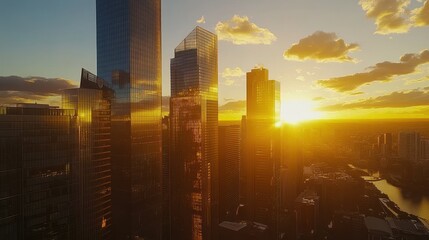 Fototapeta premium Golden Hour Skyline: Skyscrapers Reflected in Sunset