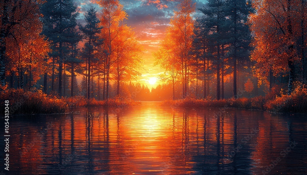 Poster sunset reflected in a still lake with autumn trees