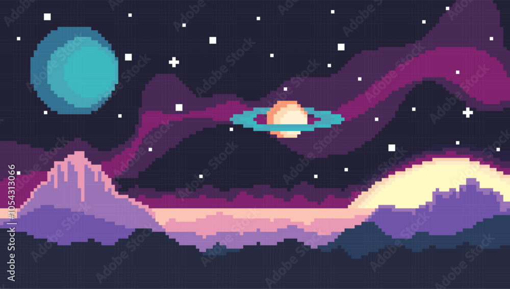 Poster cartoon color pixelated 8 bit cosmic area. vector illustration of pixel art game location concept fl