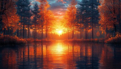 Sunset Reflected in a Still Lake with Autumn Trees