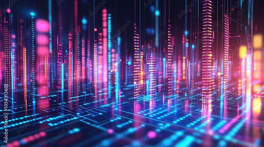 Poster vibrant digital abstract with colorful lights, representing data flow and technology in a futuristic
