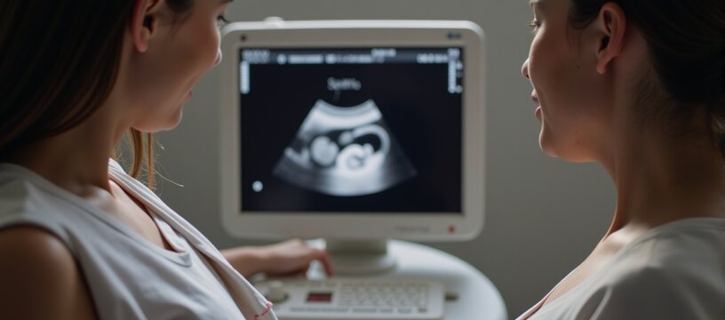 Pregnant woman during ultrasound examination at the fertility center cropped image