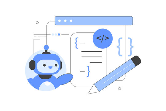 Artificial intelligence. Using AI chat bot for writing programming code. Neural network technology concept. Vector Illustration, icon. Stylish, Minimalist line, abstract